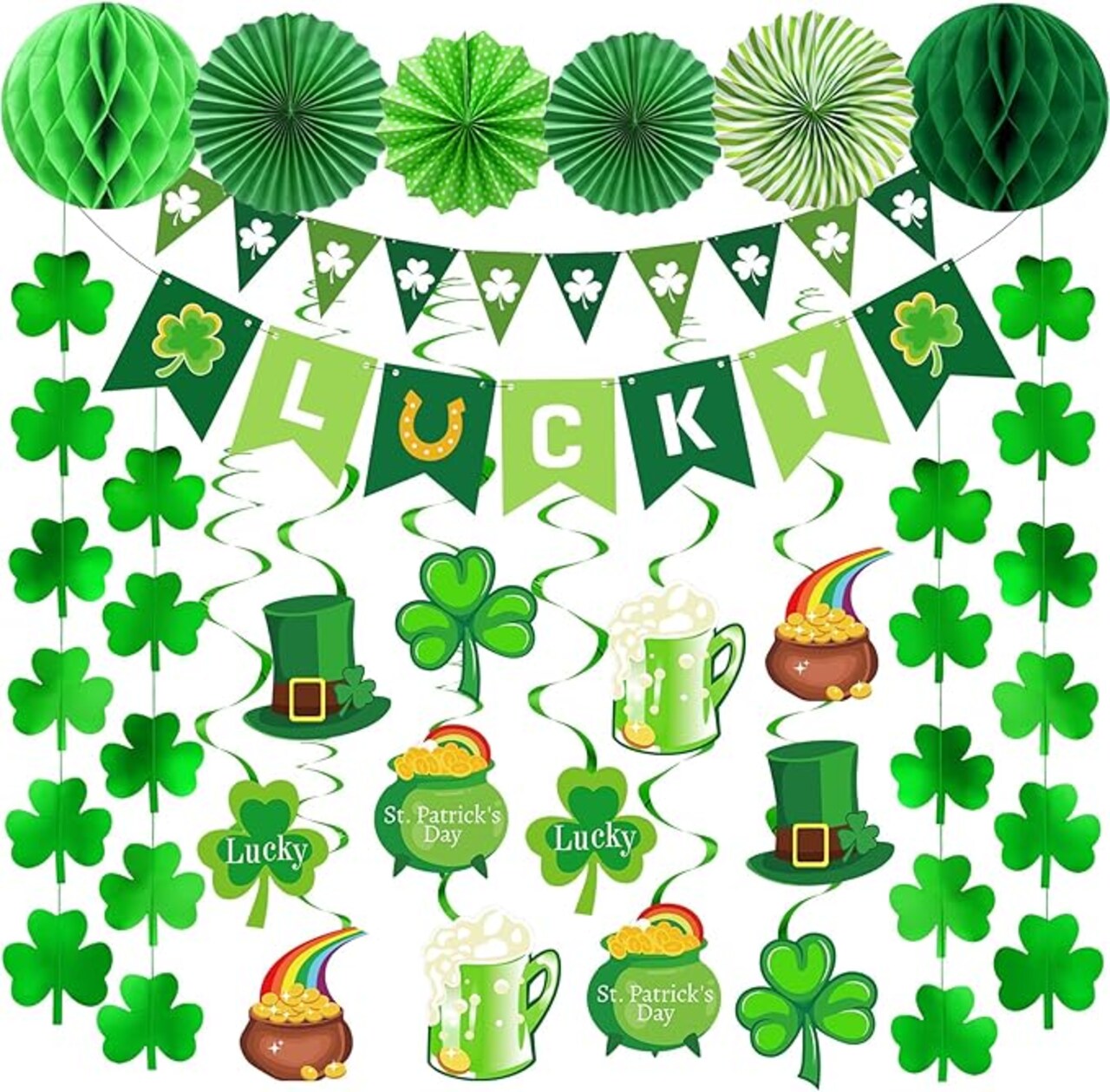 St Patricks Day Decorations, 36Pcs St. Patrick's Day Shamrock Lucky Banner Clover Garlands, Hanging Swirls, Honeycomb Tissue Paper Fans Balls for Home Saint Patrick Party Favor Supplies